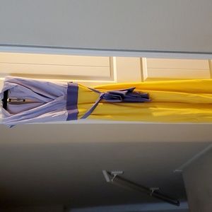 Lavender and yellow jumpsuit with tie around waist belt.  Sleeveless with back